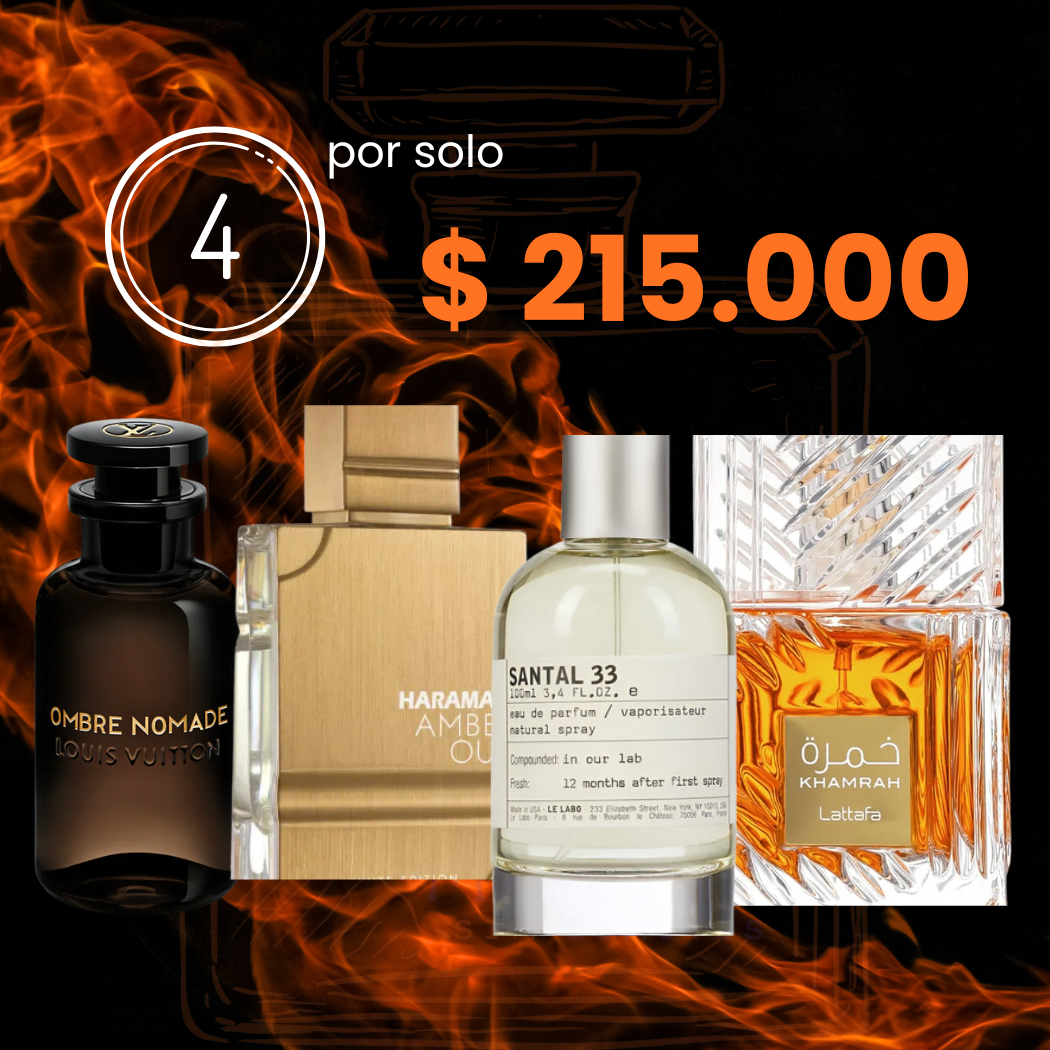 🔥 4 Perfumes + Regalo (Saltal 33, Ombre Nomade, Haramain, Khamrah)