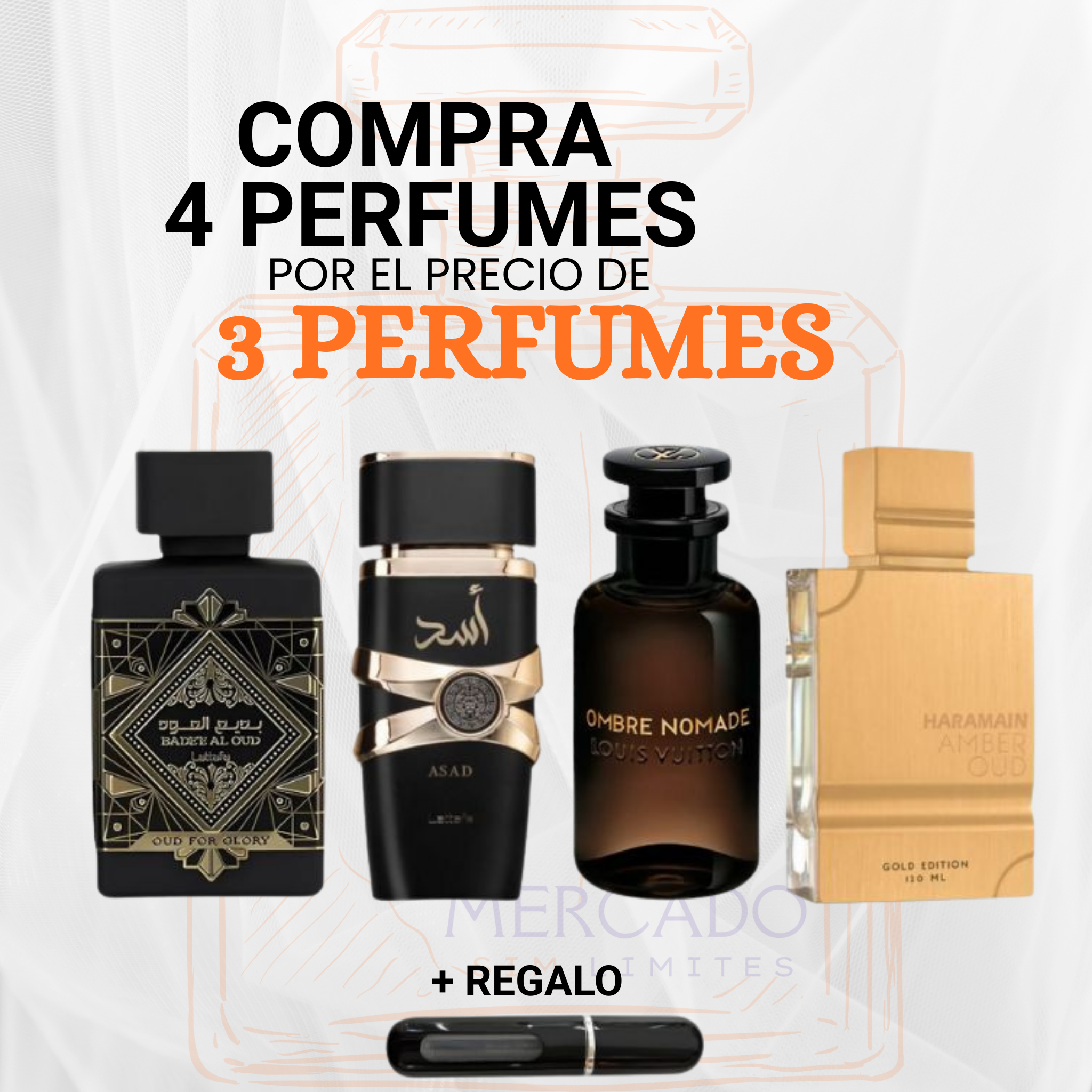 4 Perfumes + Regalo (Lattafa Oud For Glory - Lattafa Asad - Al Haramain - Ombre Nomade)