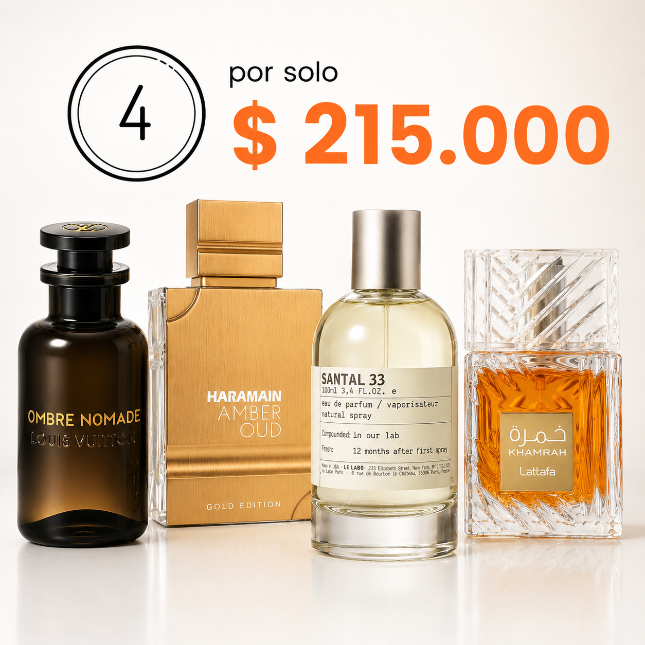 🔥Pague 2 y Lleve 4 + Regalo [Khamrah, Amber Oud Gold, Ombre Nomade y Santal 33]