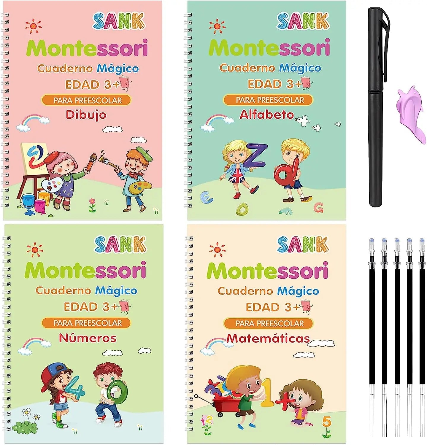 Kit de cuatro cuadernos mágicos de caligrafía con bolígrafo tinta y guía