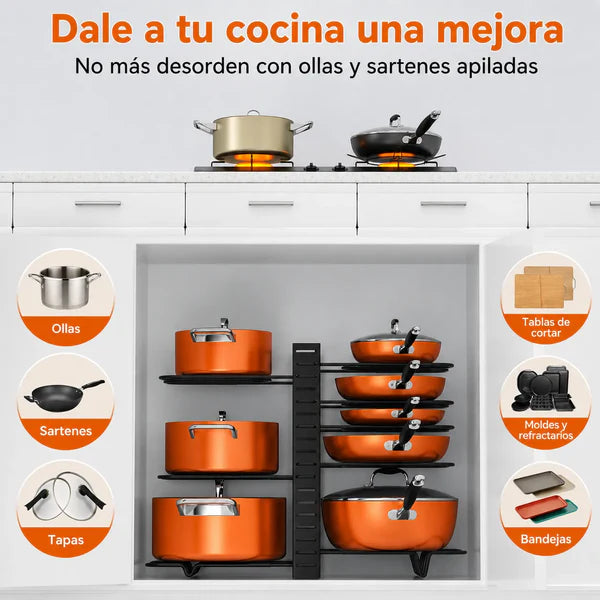 Organizador de ollas dentro de gabinete de cocina